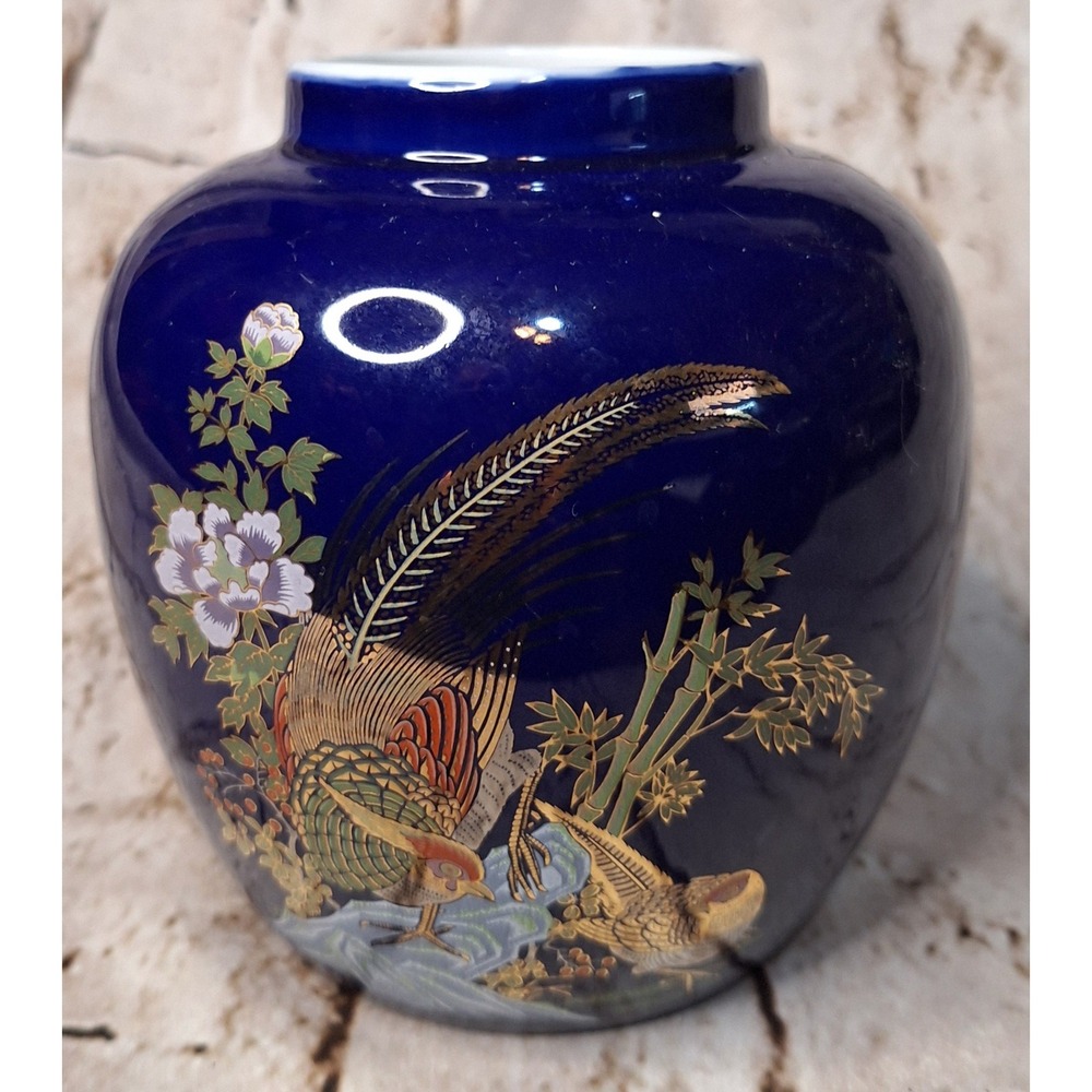 Vintage Cobalt Blue Porcelain Ginger Jar Pheasant Bamboo Gold Accents‎ 5.5 Inch